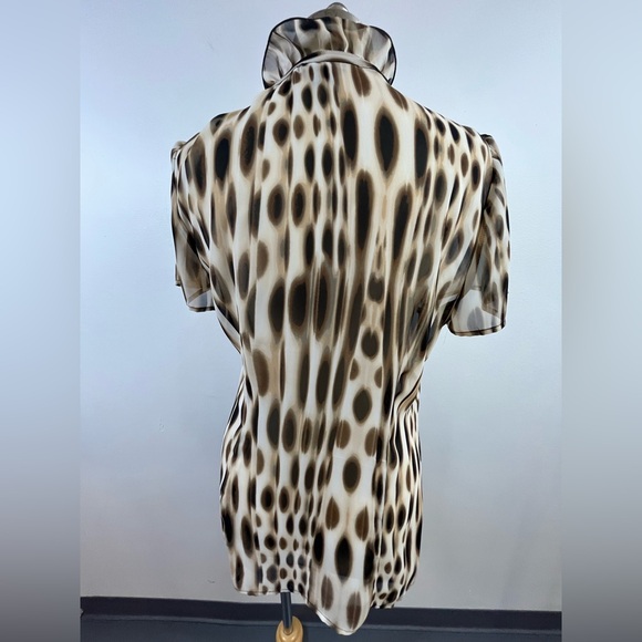 East 5th Semi-Sheer Spotted Print Ruffled High Collar Blouse, sz. MD - Picture 3 of 13